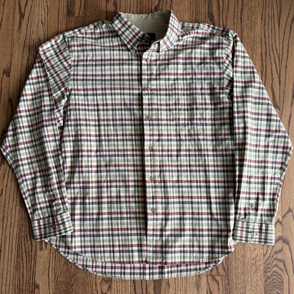 Eddie Bauer Mens XL Plaid Button Down Shirt Long Sleeve Cotton Green Burgundy
